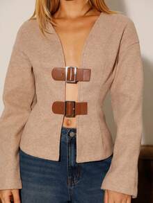 BiaLiraa 女士秋冬款带扣开衫外套 - 鏽棕色 - 查看 4