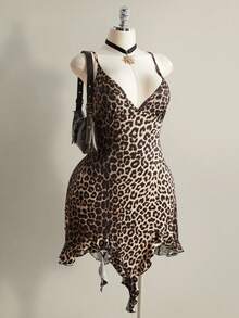 SHEIN ICON 夏季大码女式时尚豹纹荷叶边吊带连衣裙 - 彩色 - 查看 6