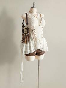 SHEIN ICON 加大码女式杏色提花交叉系带腰部层叠荷叶边吊带背心 - 杏色 - 查看 7