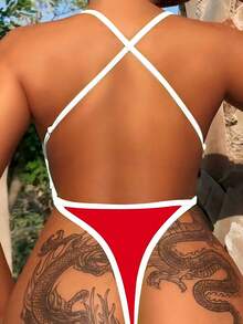 Swim SXY 女士 2025 春夏性感撞色绑带白红露背镂空连体泳衣 - 紅色 - 查看 2