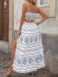Brillora 夏季乡村音乐节度假风几何印花镂空腰部吊带连衣裙，适合女性，夏季连衣裙，音乐节乡村连衣裙 - 藍白色 - 查看 12