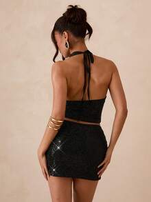 SHEIN Glamour 闪亮亮片性感吊带背心+紧身迷你裙两件套，适合度假 - 黑色 - 查看 2