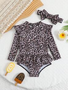 女婴豹纹泳衣，带荷叶边和袖子，含发带，适合夏季海滩度假，时尚百搭。 - 彩色 - 查看 3