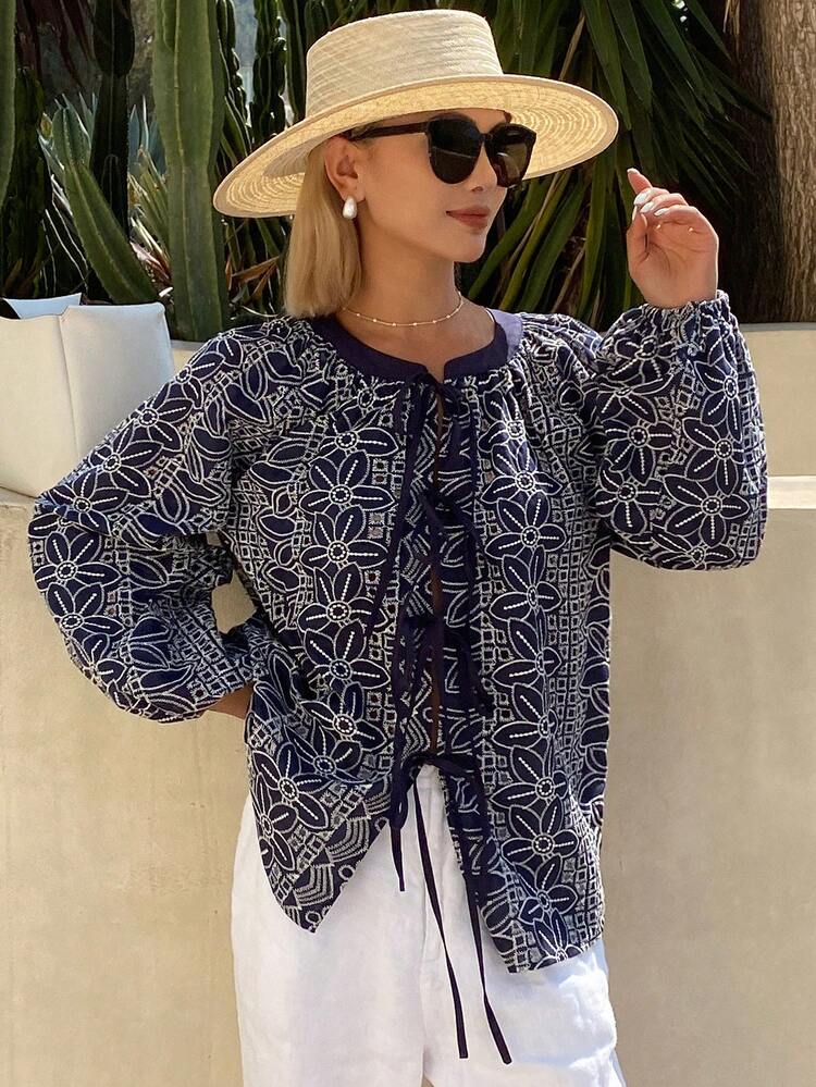 Loose Casual Vacation Style White Bow Tie Blouse For Women, Spring & Summer