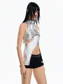 Airlisse Áo hở lưng cổ yếm khoét sâu, chất liệu kim loại xoắn gợi cảm dành cho nữ, thích hợp cho mùa hè. - Bạc - Xem 7