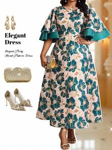 Fleurora 大码夏季优雅提花撞色荷叶袖中长连衣裙 - 彩色 - 查看 8