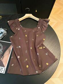 Women's Square Neck Cap Sleeve Ruffle Trim Casual Summer Top - Coffee Brown - View 2