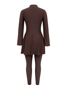 SHEIN Swim Mulvari Women's Spring/Summer New Modest Solid Color Burkini Set, Slimming Waist Drawstring Long Sleeve Top And Long Pants, Casual Middle East Resort Wear - Brown - View 7