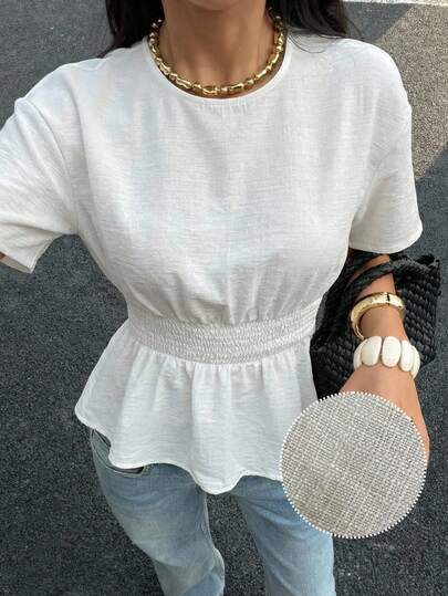 SHEIN EZwear New Summer Women's Casual Solid Color Cinched Waist Shirt, Versatile For Summer White Peplum Top