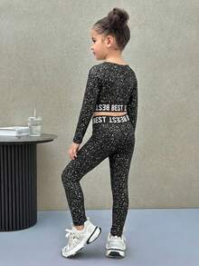 SHEIN 2pcs/Set Young Girl Letter Print Knit Crop Top And Matching Legging Outfit,Girls Sport Active Wear Set,Long Sleeve Spandex Rhinestone Set For Autumn - Black - View 2