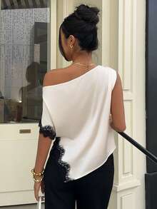 Siren Gaze 女士蕾丝拼接缎面衬衫，春夏新品 - 杏色 - 查看 3