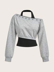 SHEIN MOD 休闲简约风二合一镂空装饰女式灰色卫衣，适合早春穿着，复古风舞会卫衣，性感可爱风，Y2K椰子女孩风，波西米亚风，嬉皮风，音乐节风，夏季适用 - 彩色 - 查看 3