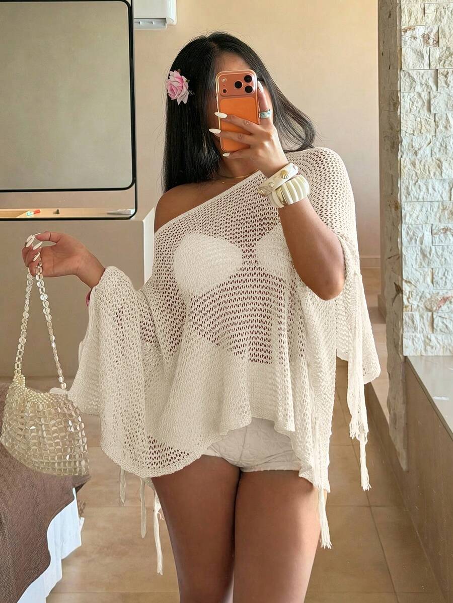 Sunnyshic Women's Pink Beach Cover-Up, Shiny Top With Sequins, Sexy Sheer Lightweight Summer Beach Cover Up, Fashionable Fringe Top For Party - Apricot - View 1