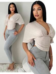 SHEIN SXY Women's Solid Deep V-Neck Batwing Short Sleeve Ribbed Fitted T-Shirt - Apricot - View 8