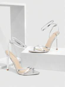 CUCCOO SZL Sandal Wanita Modis Berwarna Putih Transparan PVC Bening dengan Hak Kristal, Sandal Hak Sedang Ujung Persegi untuk Perjalanan, Kencan, Pesta, Liburan, Pernikahan, Prom, dan Sepatu Musim Panas - Perak 20 - View 3