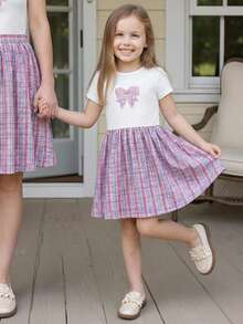 PrepCrw 1 pièce Robe courte à col rond élégante et ajustée avec imprimé à carreaux blanc et rose pour jeunes filles, convient pour le port quotidien, la rentrée scolaire, les sorties, les rassemblements, les festivals, le printemps et l'été - Multicolore - Voir 1