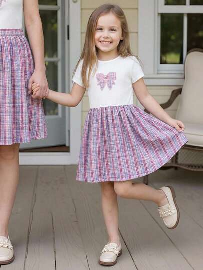 PrepCrw 1pc Young Girls' Elegant Fitted White & Pink Plaid Print Round Neck Short Sleeve Dress, Suitable For Daily Wear, Back To School, Outings, Gatherings, Festivals, Spring & Summer Girls Matching Dress Girls Butterfly Dress Girls Purple Plaid Skirt Pink Bow Dress For Kids Short Sleeve Little Girl Dresses Casual Dress For Kids Young Girls Dresses Kids Clothes Girls 3 To 5 Years Plaid Dress
