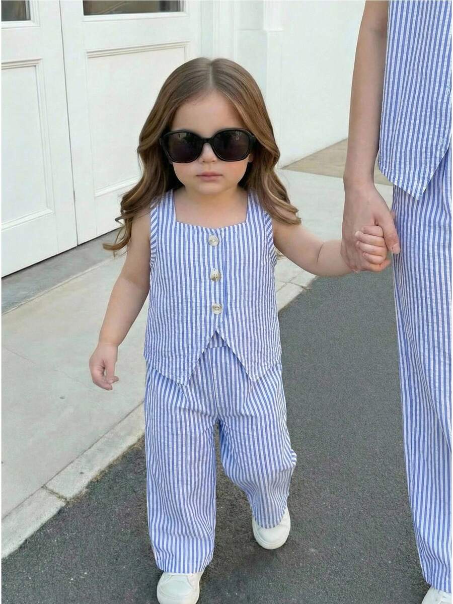 LMoss Kids Baby Girl Casual Striped Camisole And Pants Set, Summer - Blue and White - View 1