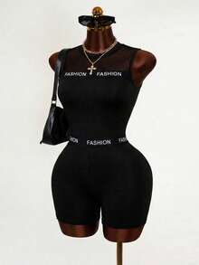 BamGleam Bộ jumpsuit lưới phối nhiều mảnh gợi cảm, jumpsuit ngắn ôm sát cơ thể, co giãn cao, trang trí chữ cái thời trang, phong cách câu lạc bộ quyến rũ. - màu đen - Xem 3