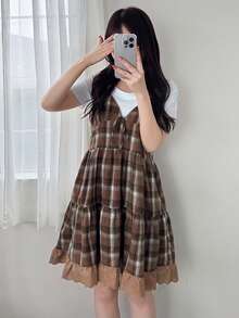 FRIFUL 女士格子吊带拼接刺绣棉布前蝴蝶结装饰休闲宽松百搭背心，秋冬夏季款 - 棕色 - 查看 2