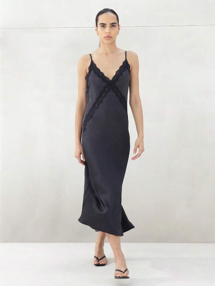 KSTM Satin Slip Dress With Lace Trim V-Neck Sleeveless Midi Length Evening Cocktail Dress Open Back Design