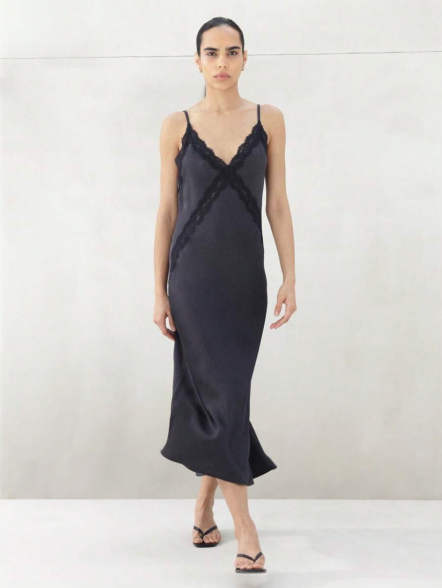 long open back lace trimmed v neck formal dress V Neck Black Tulle Lace Open Back Long Prom Dresses, A Line Backless  Evening Party Dresses main image 1