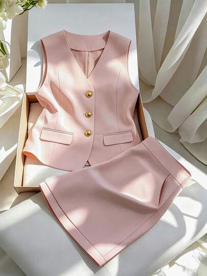 GlowEve CURVE Sleeveless Blazer Vest Top And Matching Mini Skirt Set, Metallic Button Accent, Pale Pink Plus Size 2 Pieces Outfit