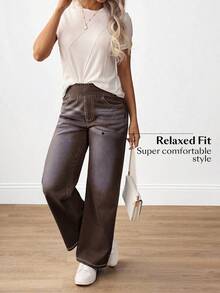 Flexra Quần jeans ống rộng nữ, kiểu dáng thường ngày, đa năng. - Cà phê nâu - Xem 9