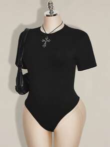 SHEIN ICON 女士加大码春夏复古性感时尚个性现代都市前卫大胆千禧风Y2K龙纹植绒网眼拼接黑色针织修身连体衣 - 黑色 - 查看 4