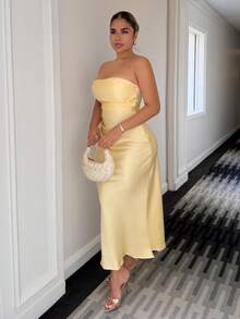 Maria Perezxox 性感简约纯色黄色奶油色露肩褶饰修身露背连衣裙，适合派对、鸡尾酒会、正式场合、伴娘、生日、黄色缎面长裙、圣诞节、宴会、商务休闲 - 黃色 - 查看 5