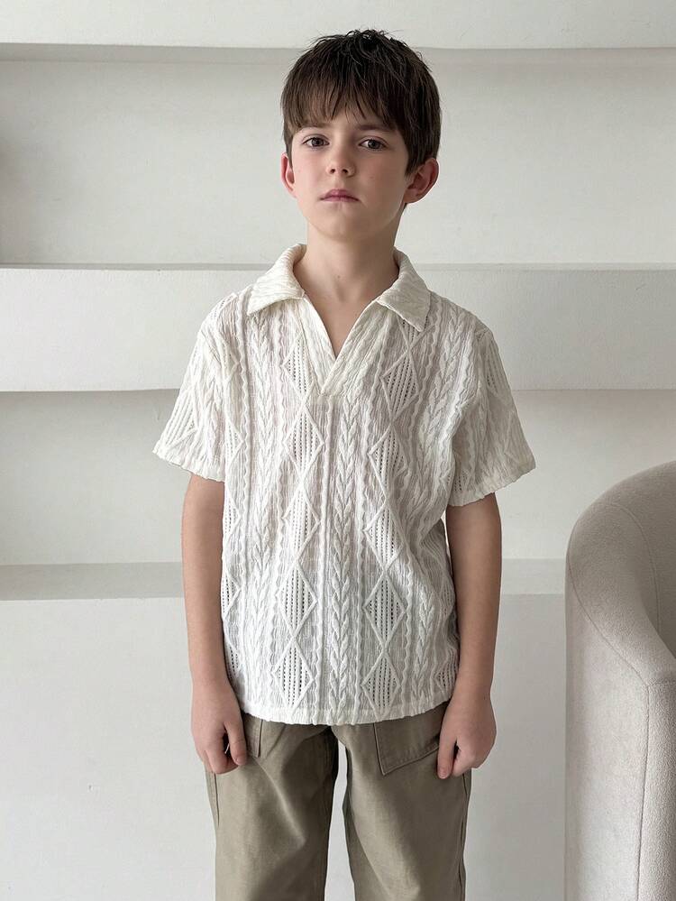 Tween Boy Textured Geometric Pattern Loose Fit Short Sleeve Casual T-Shirt