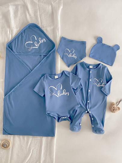 4件套新生儿长袖连体衣、短袖连体衣、襁褓毯、口水巾，柔软舒适的婴儿服装礼盒套装