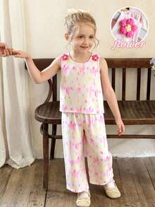 SHEIN Girls Pink Tie-Dye Sleeveless Shirt & Wide-Leg Pants Set,Cute Summer Matching Outfits For Kids,Family Vacation Stylish 2 Pcs Floral Co-Ords,Polyester - Pink - View 6