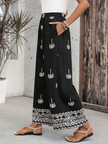 EMERY ROSE Women's Vacation Palm Tree Pattern Pocket Wide Leg Pants - Black - View 4