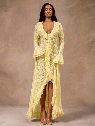 Opulessa 女士优雅派对纯色蕾丝荷叶边连衣裙