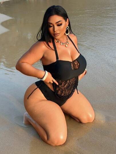 Swim SXY Plus Size Women Contrast Lace Halter Tankini Swimwear Set