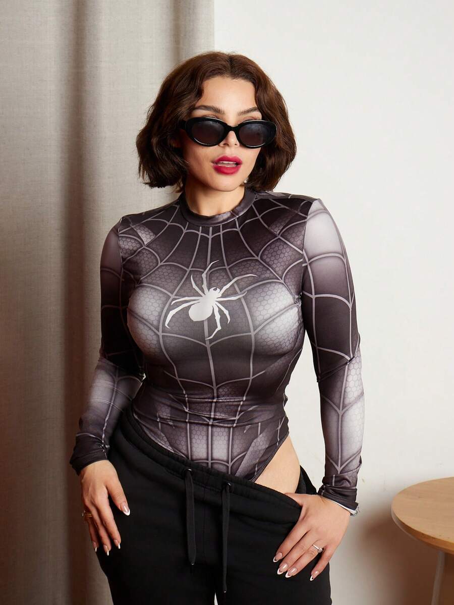 Lupita Cardoza Y2K Amplova 女式蜘蛛印花长袖立领紧身衣，深色时尚风格女式紧身衣万圣节紧身衣蜘蛛网紧身衣 - 黑色 - 查看 1