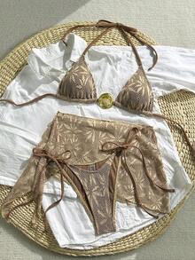 Swim SXY Bộ bikini 3 mảnh mùa hè 2026 dành cho nữ, kiểu dáng thường ngày, cổ tam giác, dây mảnh, phụ kiện vàng trang trí, hở lưng, họa tiết lá cây, chất liệu vải đặc biệt, cạp cao. - màu nâu - Xem 3