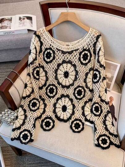 Breezaya Top tricoté ajouré noir et blanc de style français ample, design de crochet vintage Top de gamme, détails délicats de maille ajourée, coupe ample décontractée et confortable, à porter avec des shorts en jean pour le printemps/l'été, pour devenir instantanément une fille chic à la française