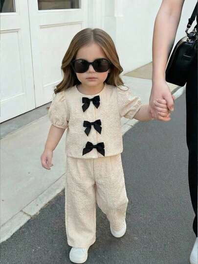 SHEIN 2pcs Baby Girl Woven Solid Color Round Neck Petal Sleeve Casual Shirt And Pants Set Girls 2 Piece Sets 2 Piece Pants Sets For Babies Baby Girl Beige Outfit,Kids, Toddler Suit Girl Top And Pants Set