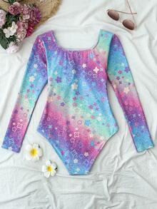 SHEIN Traje de baño de una pieza con degradado de color de moda para adolescentes, adecuado para nadar, vacaciones, playa de verano, ropa de baño para niños, vacaciones de verano - Multicolor - Ver 2