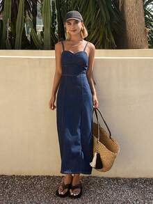 DAZY Women's Vacation Zip Design Fitted Denim Camisole Dress - Medium Wash - View 4