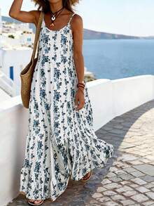 Balvessa Women's Floral Print Ruffle Hem Spaghetti Strap A-Line Dress, Vacation - Blue and White - View 5