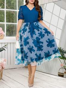 Reflora Plus Size Women Floral Contrast Lace Short Sleeve V-Neck A-Line Midi Dress, Sky Blue Summer Elegant Flower Gown For Wedding Guest Party Prom - Blue - View 12