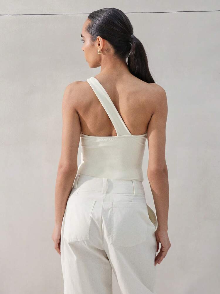 KSTM Bodysuit com Detalhe de Nó no Ombro, Sem Mangas, com Decote Assimétrico e Ajuste Clássico para Uso Casual à Noite Feminino