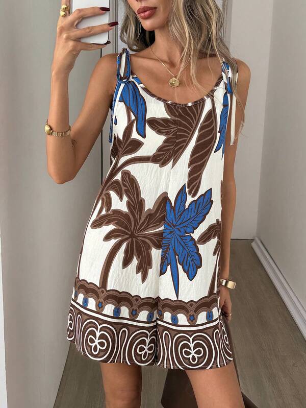 Easowa Retro Printed Sleeveless Jumpsuit For Women, Suitable For Resort, Casual Vacation, Beach Holiday, Daily Casual Wear, Spring/Summer