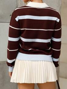 BiaLiraa 女式秋冬学院风马球领撞色条纹棕蓝宽松针织毛衣 - 彩色 - 查看 2