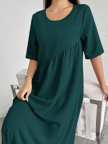 Mulvari Women's Solid Color Round Neck Pleated Casual Party Dress, Suitable For Summer Casual Long Dress - Dark Green - View 5