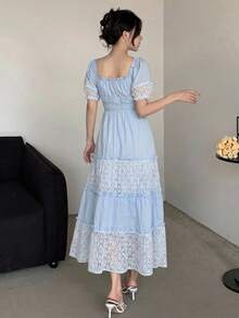 DAZY Đầm nữ thanh lịch phối ren, cổ vuông, viền bèo nhún, thắt eo, dài ngang gối, thích hợp cho mùa hè. - Màu xanh lam - Xem 2