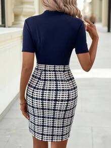 Editum Vestito elegante da donna per la primavera, l'estate e l'autunno con colletto a nodo in fiocco, disegno di abito a matita a quadri, slim-fit e aderente al corpo, blu scuro per abbigliamento insegnanti - Multicolore - Visualizzare 1